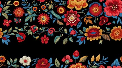 Elegant embroidery pattern featuring intricate floral designs on a rich dark background ideal for fashion products and beautiful fabric prints