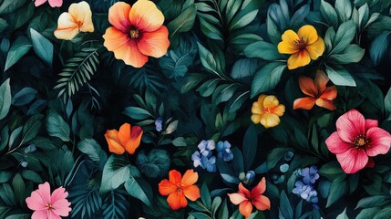 Watercolor floral pattern with vibrant blooms and lush greenery ideal for fabric design and home decor