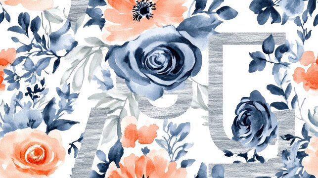 Seamless pattern featuring silver letter G intertwined with a watercolor floral bouquet in navy blue ideal for wedding invitations and decor