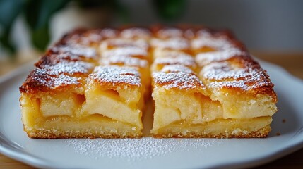 A freshly baked apple cake, cut into slices and dusted with powdered sugar, sits on a white plate on a wooden table.