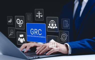 GRC Concept. Governance Risk and Compliance, Businessman with GRC governance, risk, compliance...