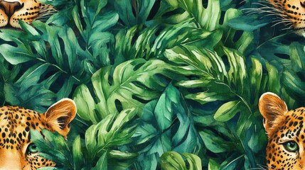 Obraz premium Watercolor seamless pattern featuring leopards among lush rainforest foliage ideal for tropical themed fashion and home decor