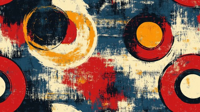 Abstract art grunge seamless pattern with swirling geometric design featuring distressed circles and paint stains ideal for modern textile and wallpaper applications