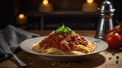 A plate of spaghetti topped with meat sauce and basil, set on a rustic wooden table.