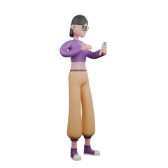 3D Cartoon Dance Performer.  A female dancer is standing with her left hand holding a cellphone and her right hand wants to touch the cellphone. Vibrant Animation