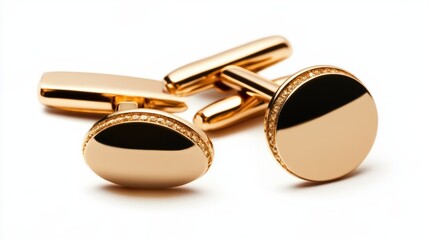 Polished gold cufflinks, isolated on a white background, perfect for formal wear and style themes