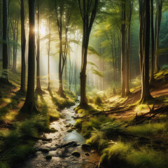 Obraz premium Sunbeams illuminate a lush forest with a winding stream