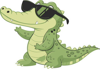 Little crocodile using black sunglasses vector illustration.
