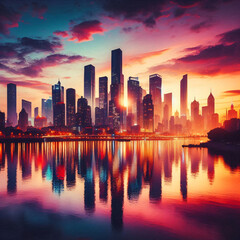 Fototapeta premium A vibrant cityscape bathed in the warm glow of a sunset, with a river reflecting the dramatic sky