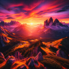 Fiery sunset illuminates a majestic mountain range, casting a vibrant glow on the landscape