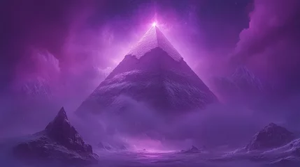 Fototapete Rund A glowing pyramid stands tall in a mystical purple landscape with snowy mountains and a bright, glowing sun above it. © arsyi_06