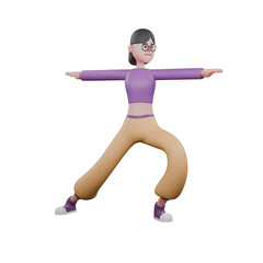  Cartoon Style Dance Performer. A female dancer is standing with her right leg open straight back and the left one bent forward and both hands stretched out to the side. 3D Animation
