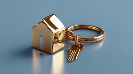 A golden house-shaped keychain with a key charm on a blue background.