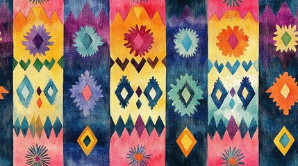 Colorful geometric embroidery seamless pattern featuring hand drawn Navajo motifs in vibrant watercolors ideal for textile design and fashion applications