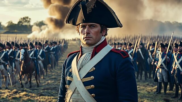 Napoleon's army mobilizes on the battlefield at sunset during the Napoleonic Wars in 1800s Europe