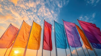 A collection of flags, each with a different color, stand together in front of a backdrop of a sunset or sunrise.