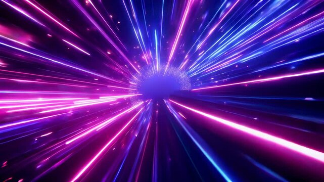 Vibrant neon light trails streak across the screen