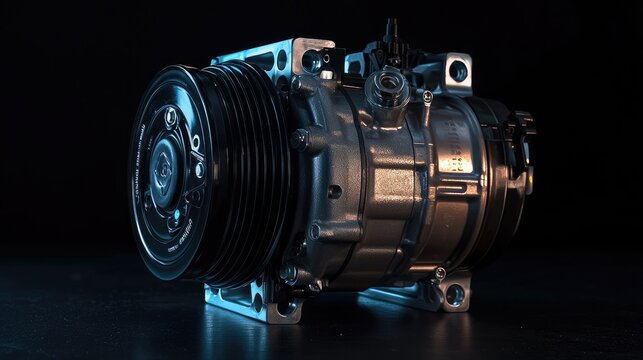 Close-up of a silver automotive AC compressor.
