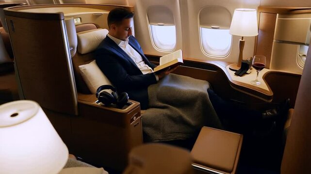 Executive relaxing in a reclining business class seat, reading a book with a blanket and personal amenities, capturing the comfort and exclusivity of business class travel