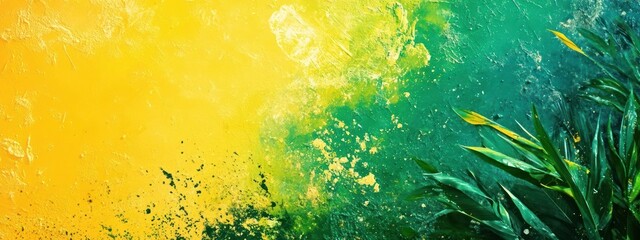 Blurred image of a green and yellow field with wildflowers, possibly part of a tropical landscape.