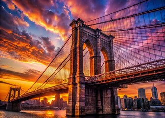 Obraz premium Stunning Silhouette of the Brooklyn Bridge Against a Vibrant Sunset Sky in New York City, Capturing the Iconic Structure’s Elegant Arches and Urban Landscape