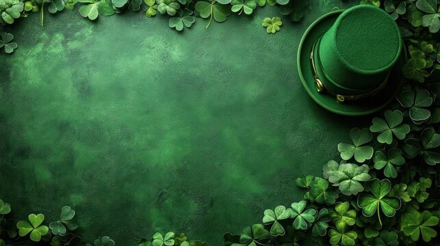 A green St. Patrick's Day image with a shamrock and leprechaun hat overlay, featuring clovers as the background.