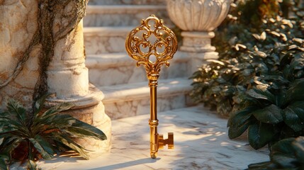 A golden key with ornate detailing stands upright on a white marble surface surrounded by greenery, with a marble staircase and a pillar in the background.