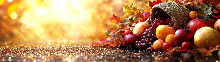 A vibrant cornucopia filled with colorful fruits and autumn leaves, set against a glowing backdrop, representing the beauty of harvest season.