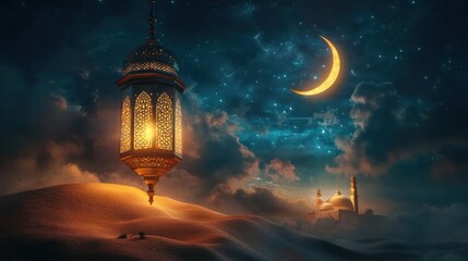 Obraz premium A serene night scene featuring a lamp and a crescent moon against a backdrop of the desert sky.