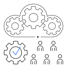 Cloud with interconnected gears and checkmark, six stick-figure people. Ideal for collaboration, team management, cloud services, automation, workflow, teamwork, technology. Line metaphor
