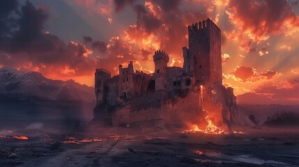 Fototapeta premium Burning Castle at Sunset
