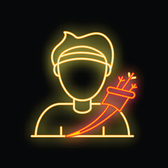 Neon sign of a hunter with bow and arrows on his back, glowing on a dark background