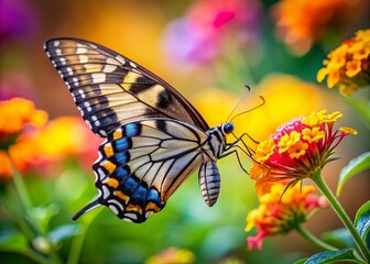 Naklejka premium Stunning Swallowtail Butterfly Resting on Vibrant Flower with Closed Wings, Showcasing Nature's Beauty in High Depth of Field and Rich Colors, Perfect for Nature and Wildlife Photography Collections
