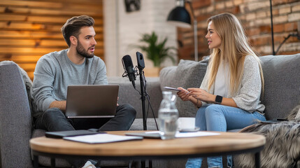 Male reporter having interview with young woman in studio