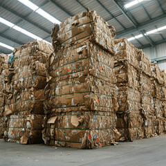 Stacked bales of recycled cardboard in warehouse