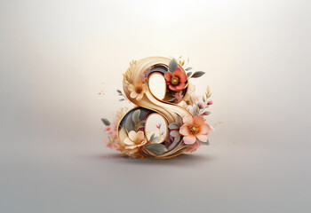 The number eight is formed by swirling foliage, with delicate flowers blooming around it.