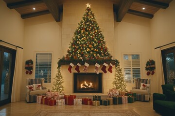 Festive Christmas living room with a large Christmas tree, fireplace, stockings, and wrapped gifts