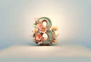 A 3D rendering of the number eight decorated with pink and white flowers.