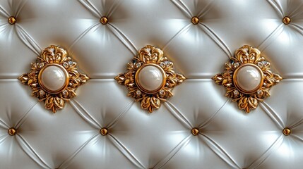 White tufted upholstery with three gold ornate buttons.