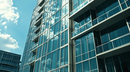 Fototapeta premium Modern Skyscraper Reflections Glass Facade Architecture and Urban Blue Sky with Clouds, Detail View