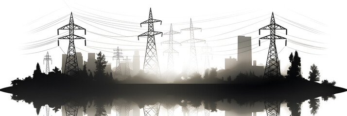 Obraz premium Urban Skyline with Power Lines Silhouette Reflection on white and transparent background. PNG