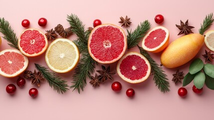 Naklejka premium A vibrant arrangement of sliced citrus fruits, berries, and pine elements on a soft pink background, creating a fresh and festive aesthetic.
