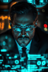 A focused professional examines glowing data on a screen, reflecting modern technology and analytical insights in a dimly lit environment.