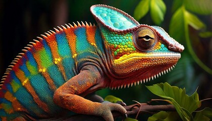 Obraz premium generative AI. Colorful chameleon in vibrant high resolution