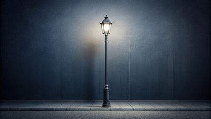 Dark gray urban street with a lone streetlamp standing out in the darkness, empty streets, solitary lamp post, city street