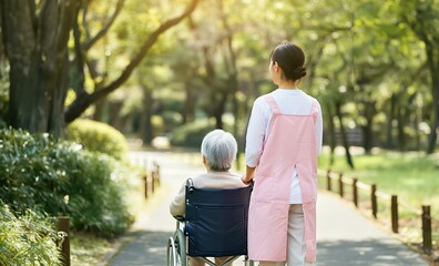 車椅子の高齢男性を介護する介護者、公園｜Caregiver caring for senior man in wheelchair