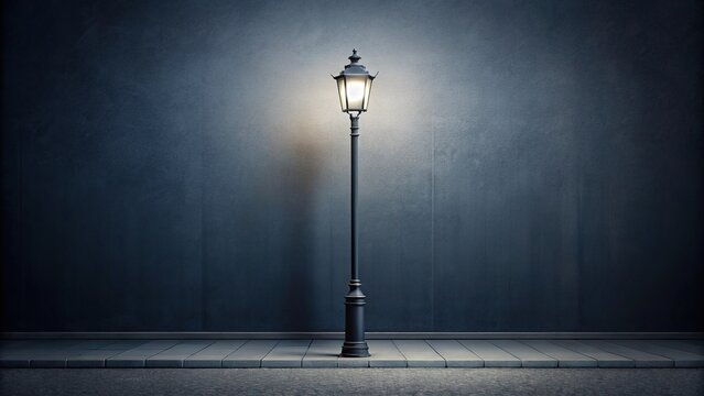 Dark gray urban street with a lone streetlamp standing out in the darkness, empty streets, solitary lamp post, city street