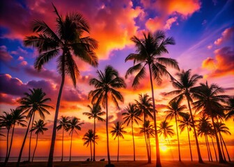 Stunning Tropical Coconut Palm Trees Silhouettes Against a Vibrant Sunset Sky with Space for Text or Graphics - Perfect for Travel and Nature Themes