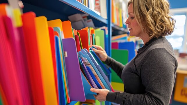 A teacher arranges colorful folders on a shelf, symbolizing order, preparation, and the supportive organization teachers provide to ensure a structured learning space