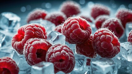 Fresh raspberries resting on ice cubes, highlighting their vibrant color and texture.